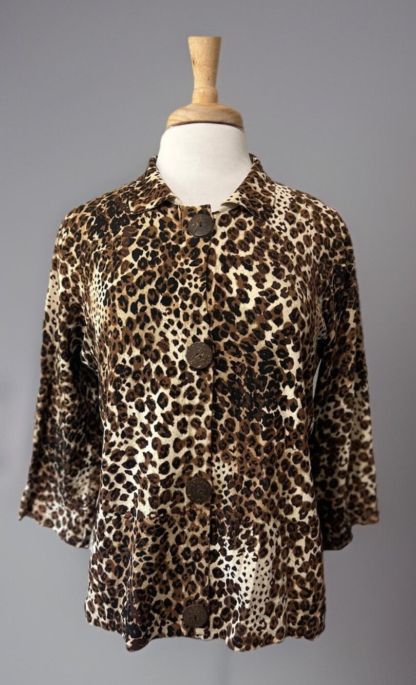 Yarns & Stitches Leopard Print Cardigan Sweater Size large Pinup Retro